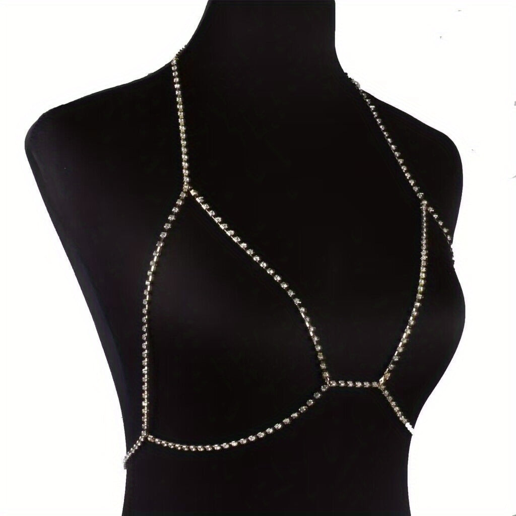 Sexy Rhinestone Body Chain Necklace for Women - Sparkling Silver Plated Alloy, Perfect for Beachwear, Nightclubs, and Parties, Beachwear Jewelry|Rhinestone Choker|Detailed Chain Design, Beach Jewelry