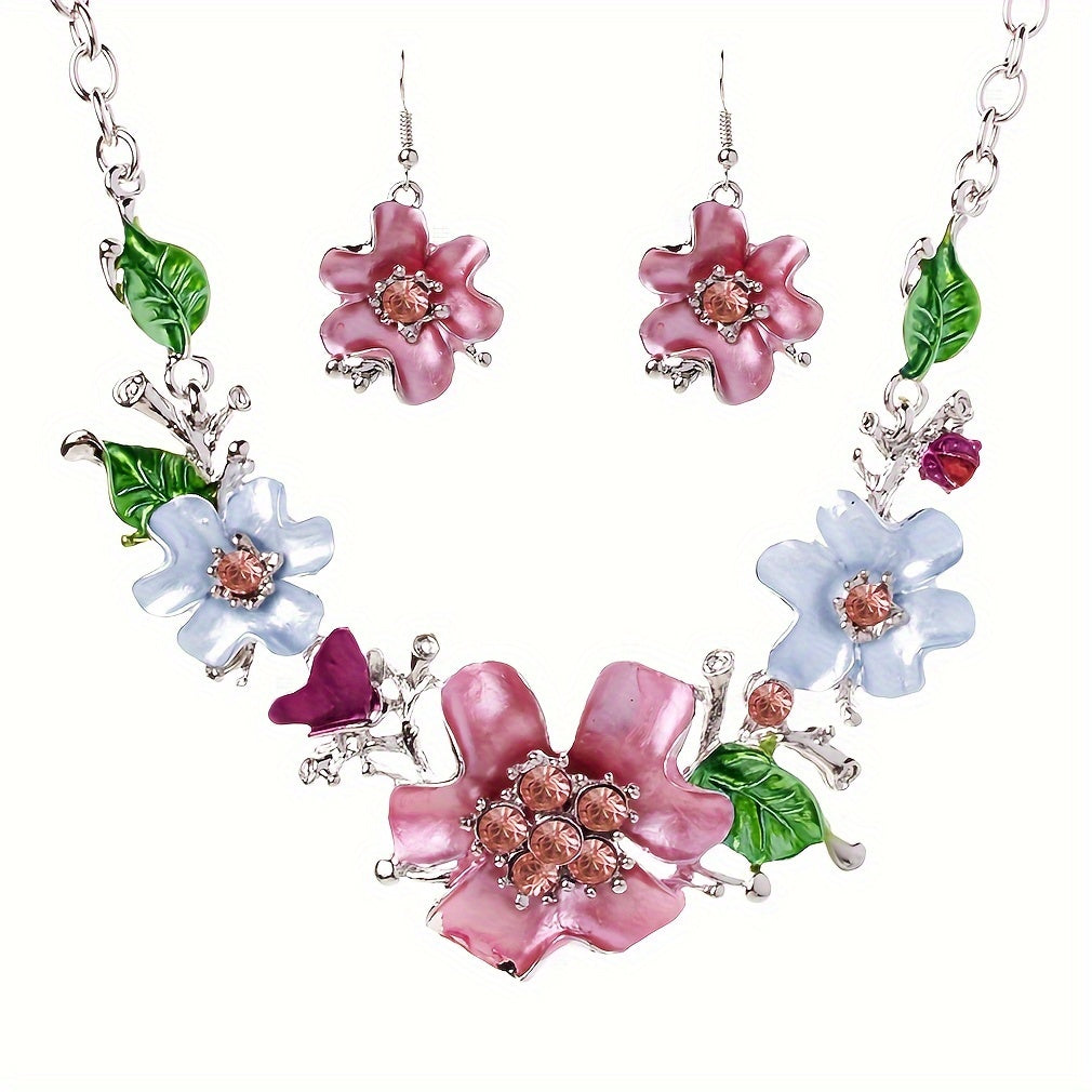 Fashionable and Sweet Chain Set Temperament Flower Embedding Necklace Earring Set