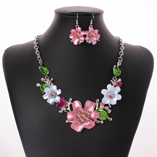 Fashionable and Sweet Chain Set Temperament Flower Embedding Necklace Earring Set