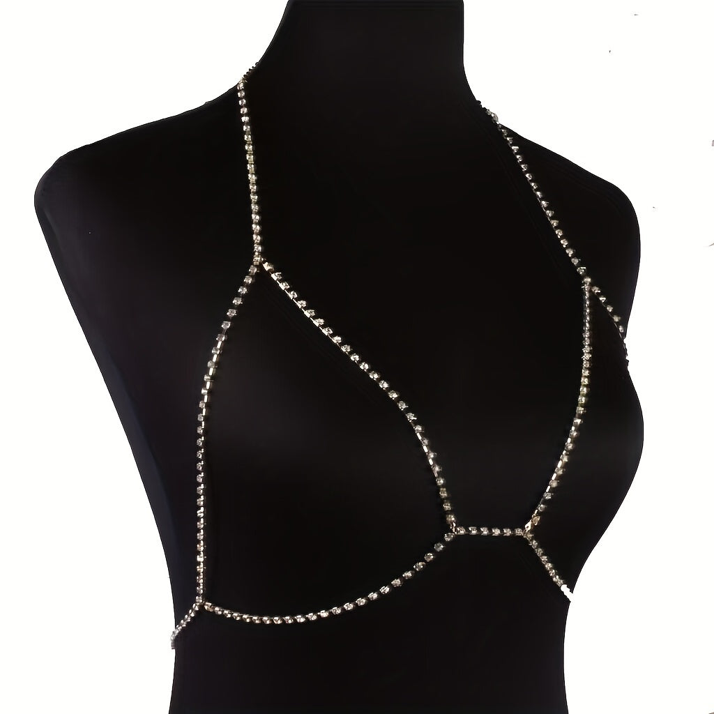 Sexy Rhinestone Body Chain Necklace for Women - Sparkling Silver Plated Alloy, Perfect for Beachwear, Nightclubs, and Parties, Beachwear Jewelry|Rhinestone Choker|Detailed Chain Design, Beach Jewelry